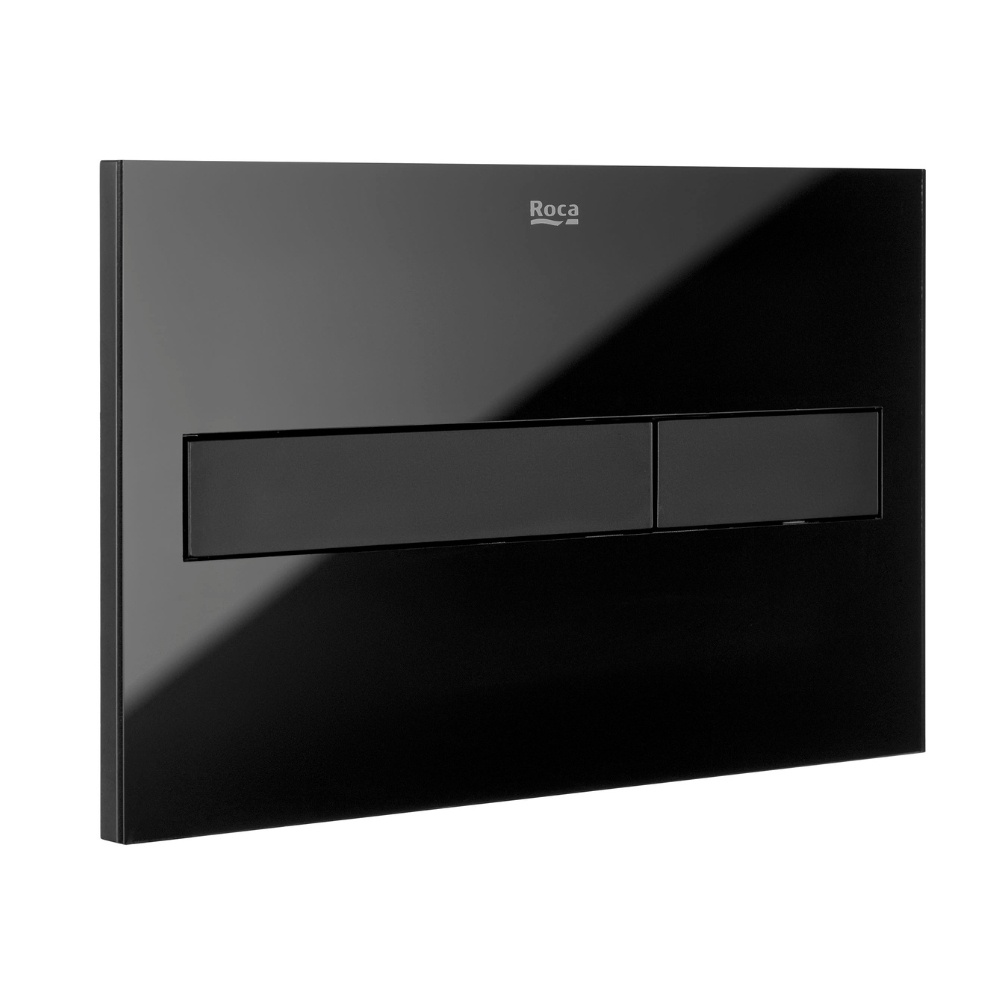 Product cut out image of the Roca Duplo One PL7 Black Glass Dual Flush Plate